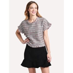 Cupcakes and Cashmere Multicolor Tweed Fringe Short Sleeve Top Women's‎ M